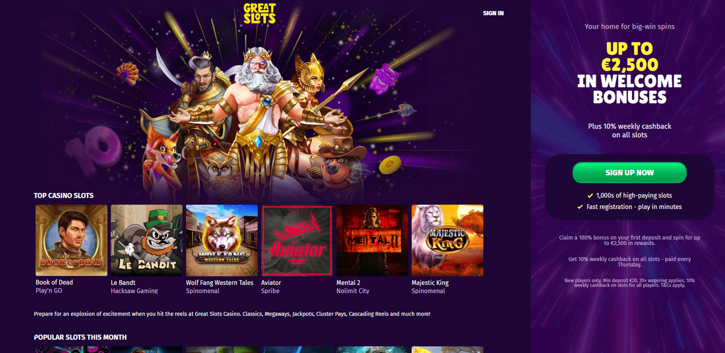 Greatslots casino homepage with featured slots