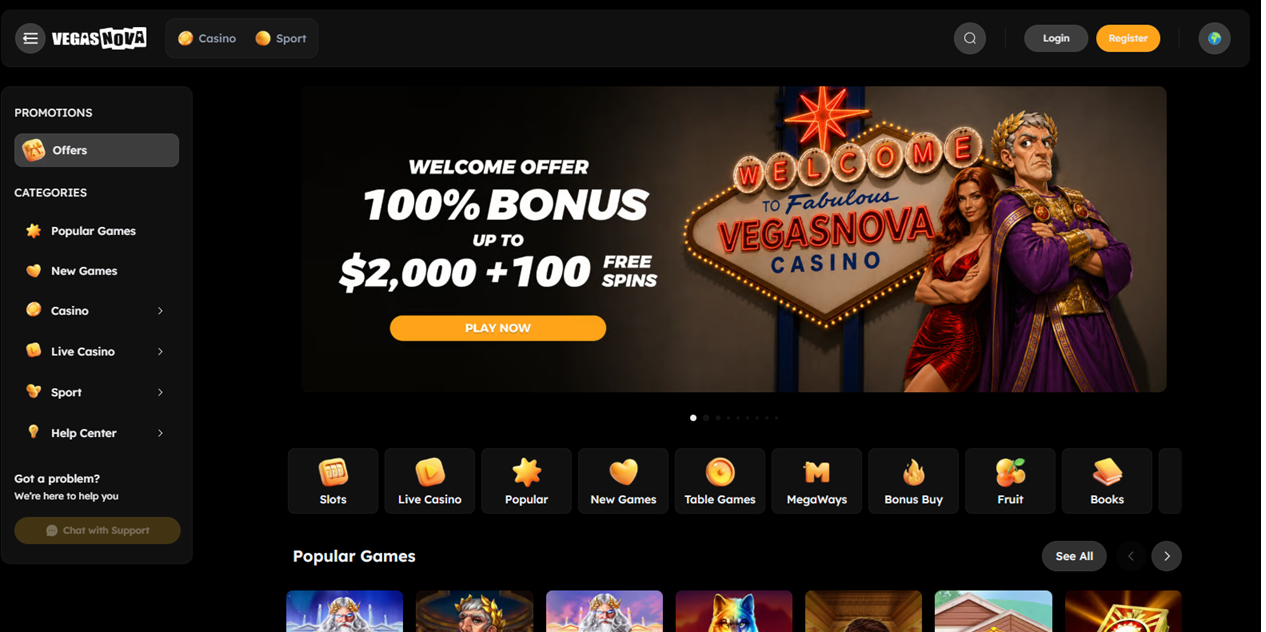VegasNova casino lobby with game categories